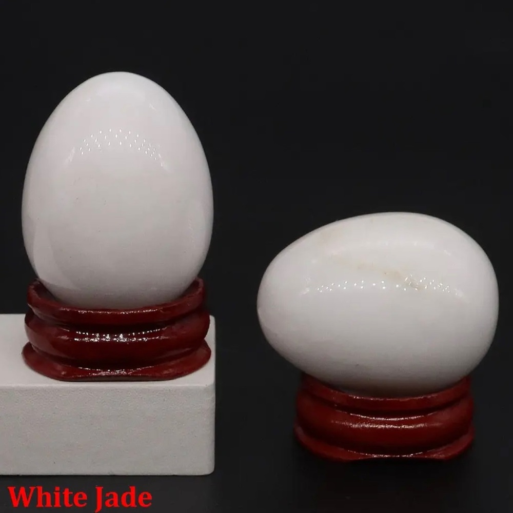 Natural Semi-Precious White Jade Stone 30x40mm Egg Shape Crystal with Stand